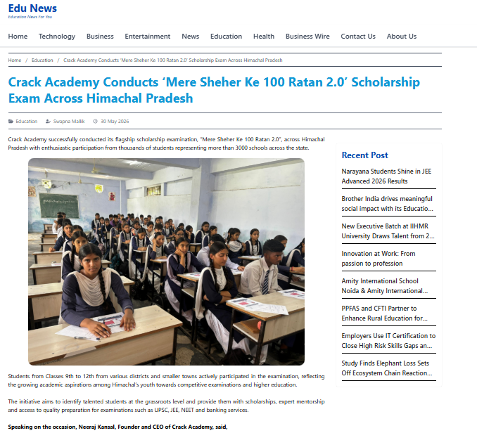 Crack Academy Conducts ‘Mere Sheher Ke 100 Ratan 2.0’ Scholarship Exam Across Himachal Pradesh